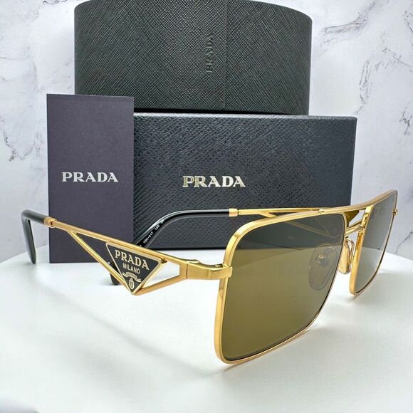 PRADA Sunglasses Gold Metal Square Triangle Black Logo Made in Italy Authentic - Picture 13 of 16